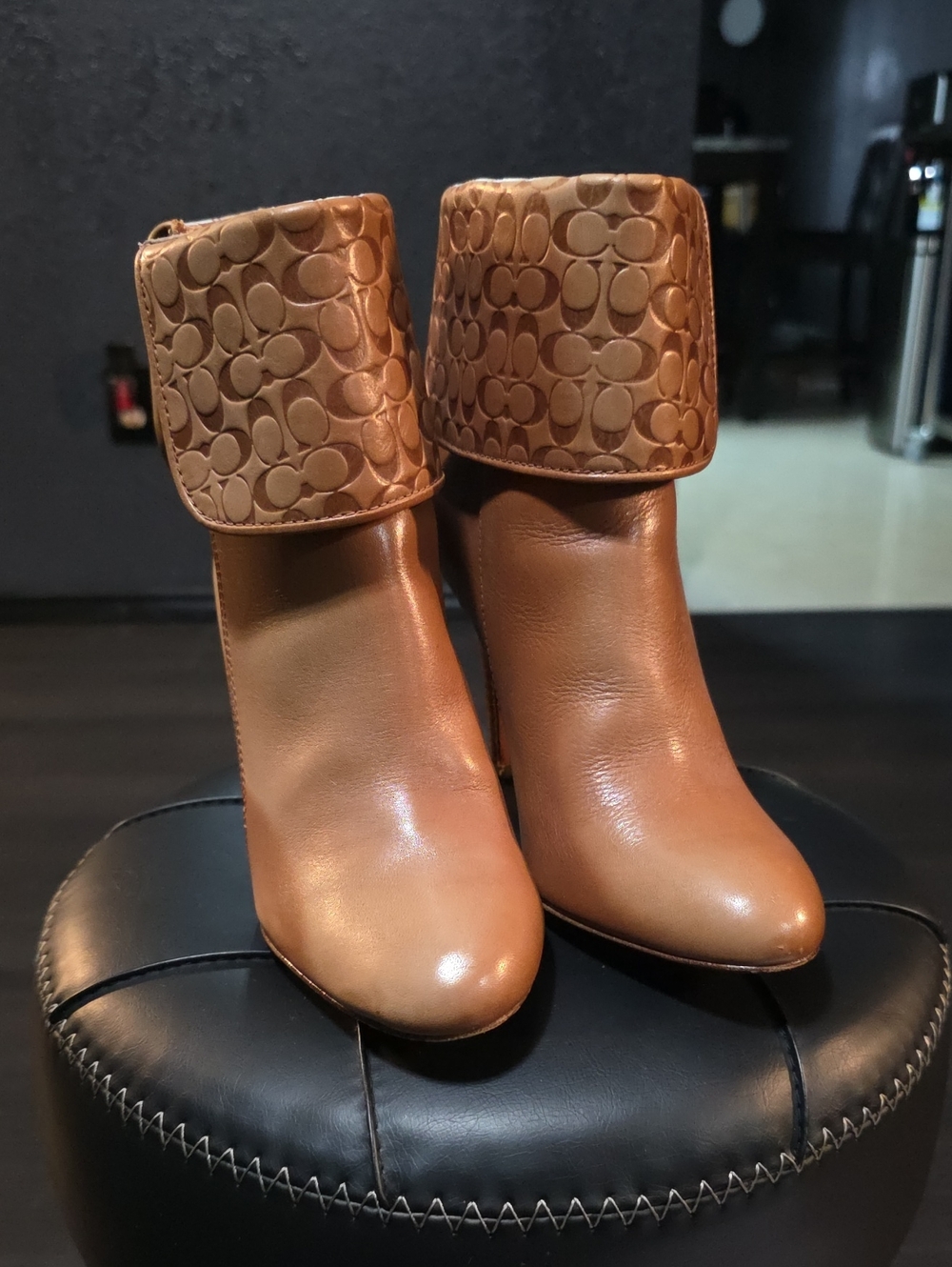 Coach Mackenna Tan Leather Fold-Over Signature Cuff Ankle Boots